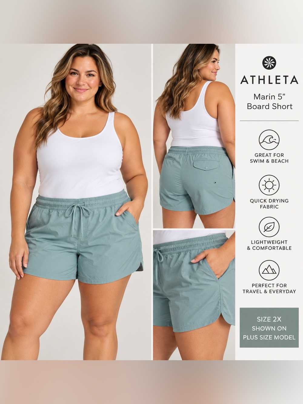 Athleta Marin 5” Board Shorts 2X Blue Green /sage Drawstring Active Swim